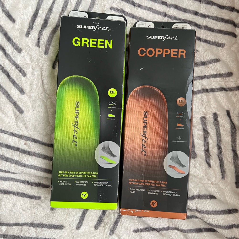 Superfeet Copper Memory Foam and Green High Arch Support NEW Insoles Size C 7.5